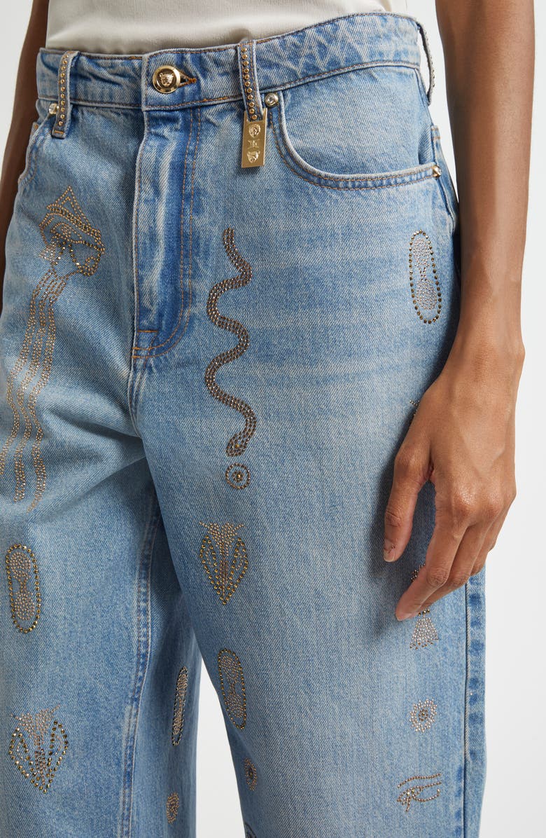 Camilla Crystal Hieroglyph Girlfriend Jeans, Alternate, color, Denim