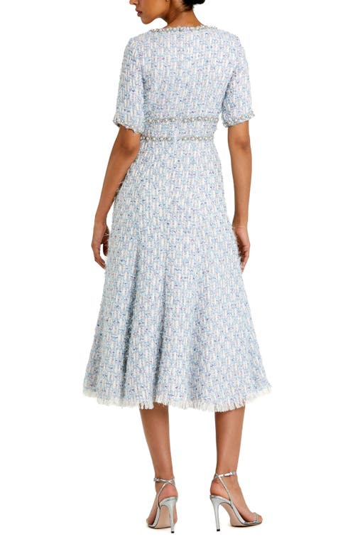 Mac Duggal Embellished Illusion Flounce Sleeve Tea Length Dress In Blue Multi