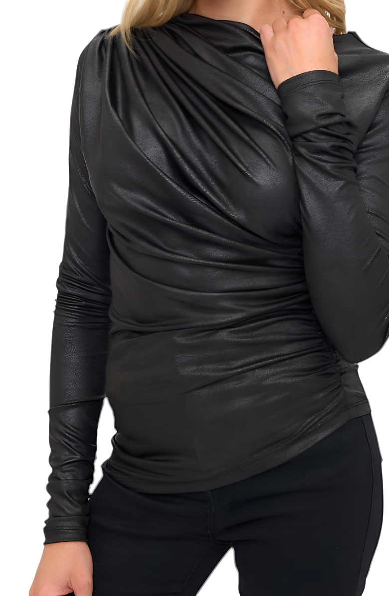 Modenaire Faux Leather Draped Asymmetrical Long Sleeve Top, Alternate, color, 