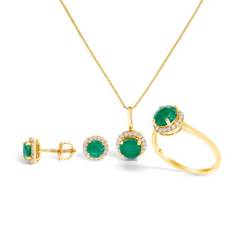 10K Gold Gemstone and 3/8 Cttw Diamond Halo Jewelry Set (Earrings, Pendant & Ring)