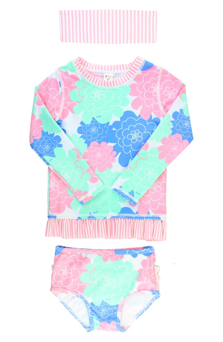 RuffleButts Pastel Petals Two-Piece Rashguard Swimsuit & Head Wrap Set, Main, color, 