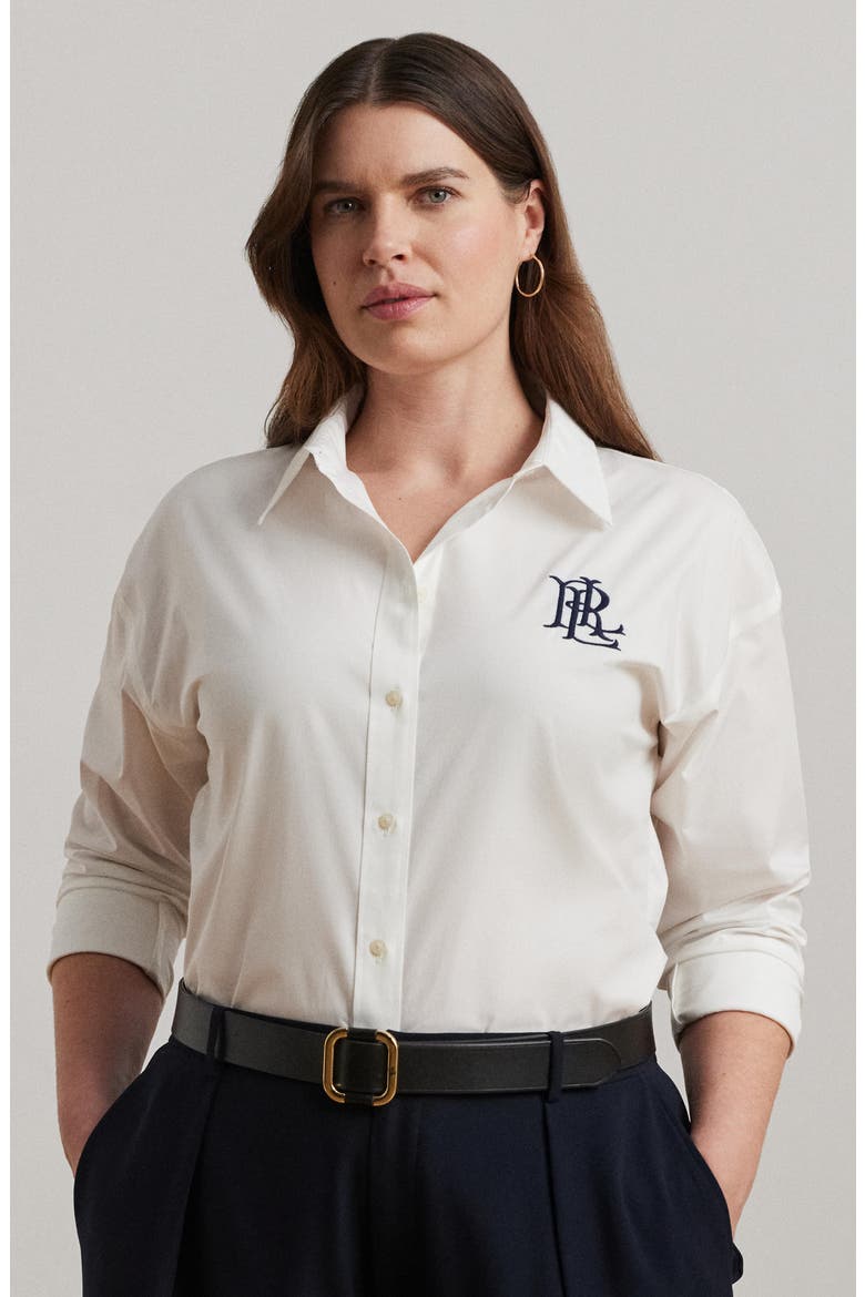 Embroidered Logo Stretch Cotton Button-Up Shirt, Alternate, color, WHITE