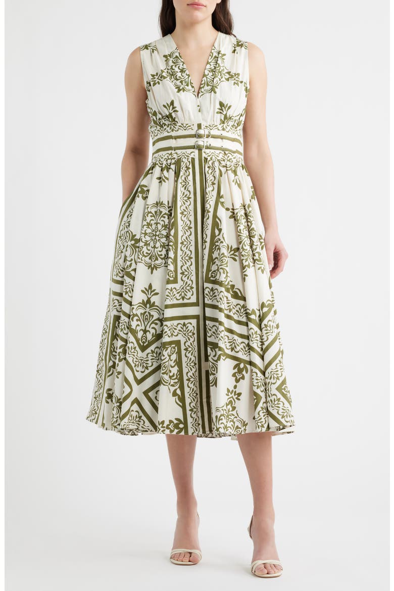 Sleeveless Belted Cotton Midi Dress, Main, color, OLIVE GREEN