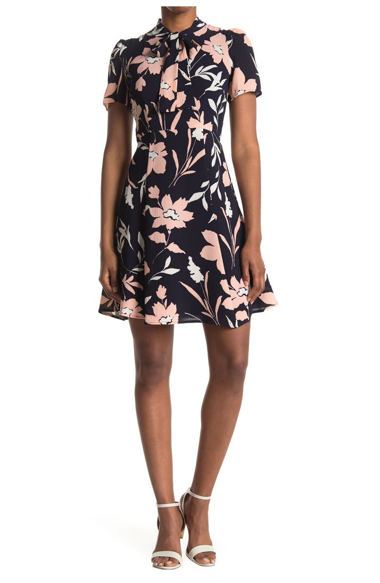 Maggy London Floral Tie Neck Fit & Flare Dress, Main, color, 