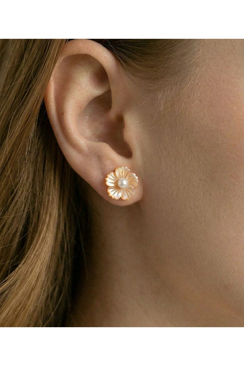 White Freshwater Button - Shape Cultured Pearl on Mother of Pearl Flower Lotus Earrings, Alternate, color, White and Coral