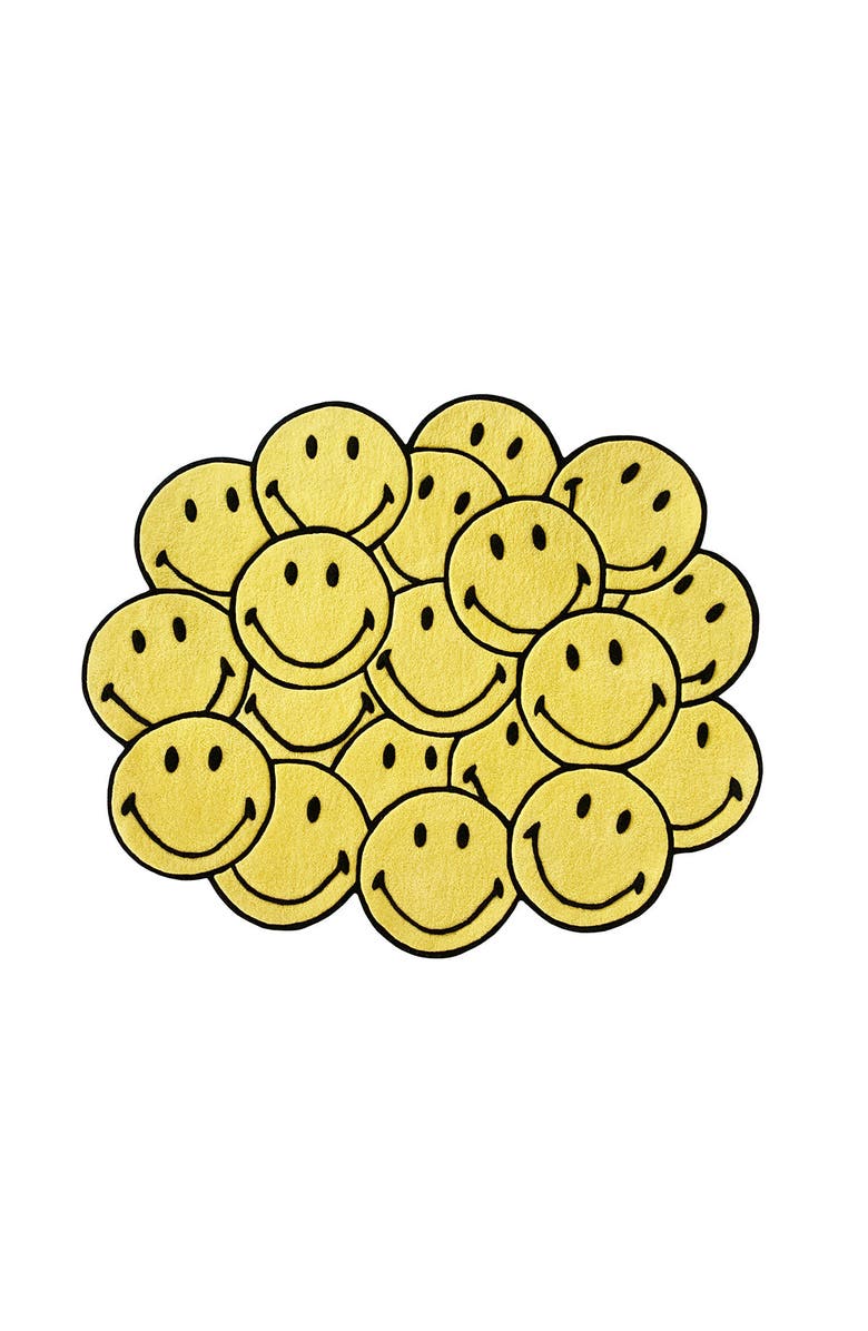 Maison Deux Smiley Round Rug, Main, color, Yellow / Black Print