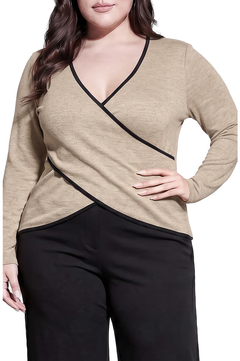 Contrast Long Sleeve Wrap Front Top, Main, color, KHAKI