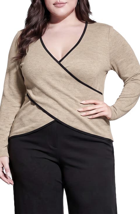 Contrast Long Sleeve Wrap Front Top