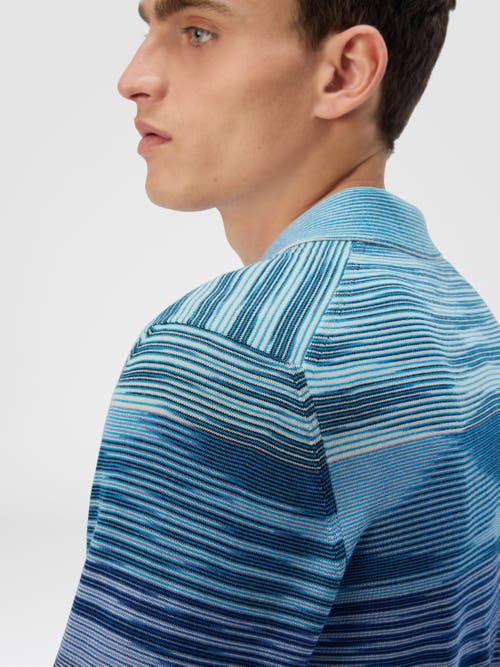 Missoni Long Sleeve Polo In Pure Wool With Flame Pattern In Blue