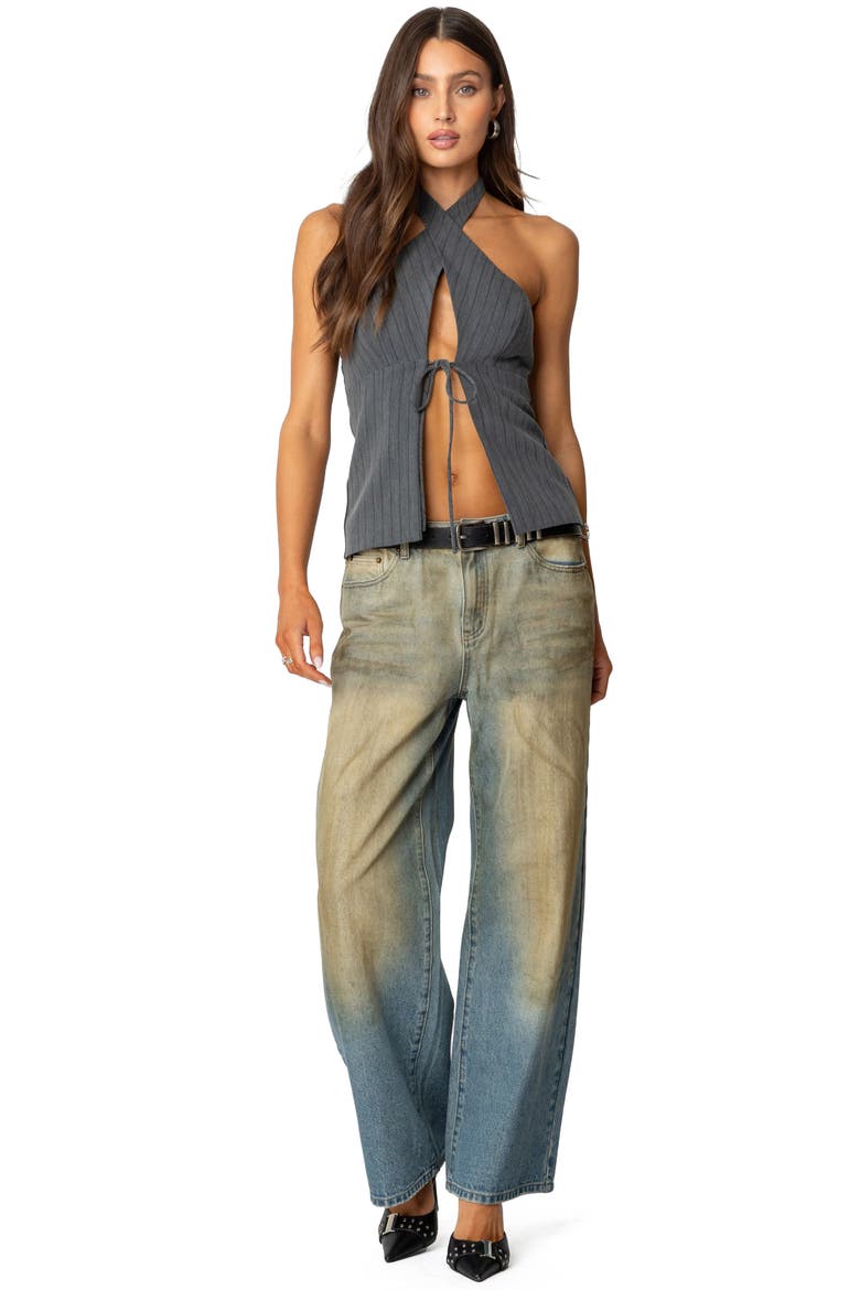 Pinstripe Split Front Halter Top, Alternate, color, GRAY