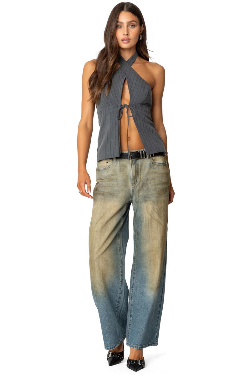 EDIKTED Pinstripe Split Front Halter Top, Alternate, color, Gray