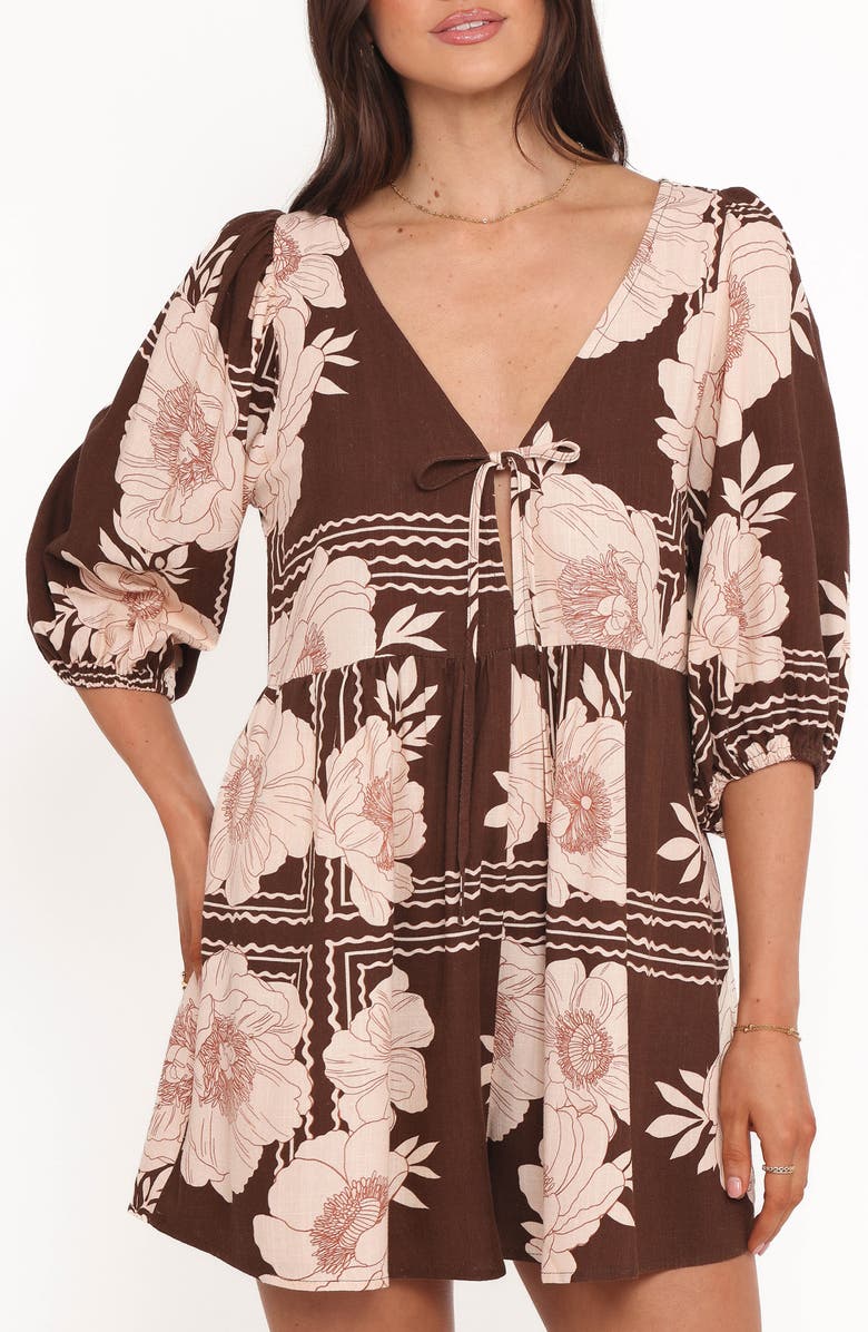 Petal & Pup Henley Floral Romper, Main, color, Brown Floral