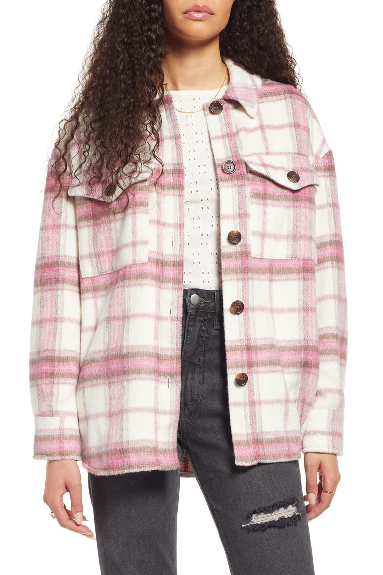 Plaid Shirt Jacket, Main, color, IVORY- PINK PINKY PLAID