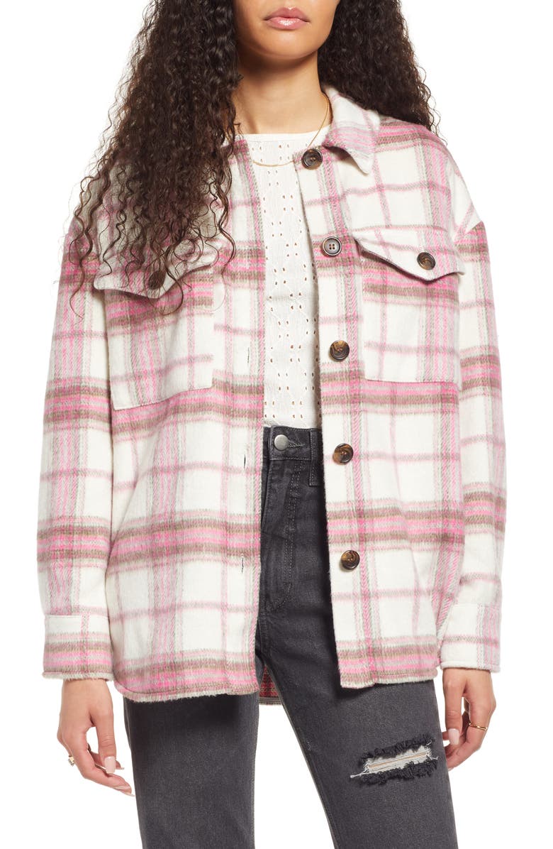 BP. Plaid Shirt Jacket, Main, color, Ivory- Pink Pinky Plaid