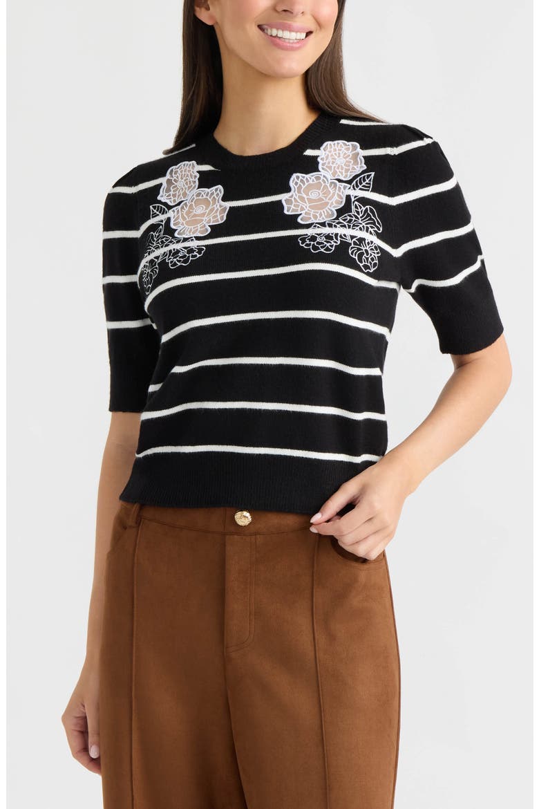 Floral Embroidered Short Sleeve Sweater, Main, color, BLACK/ WHITE STRIPE