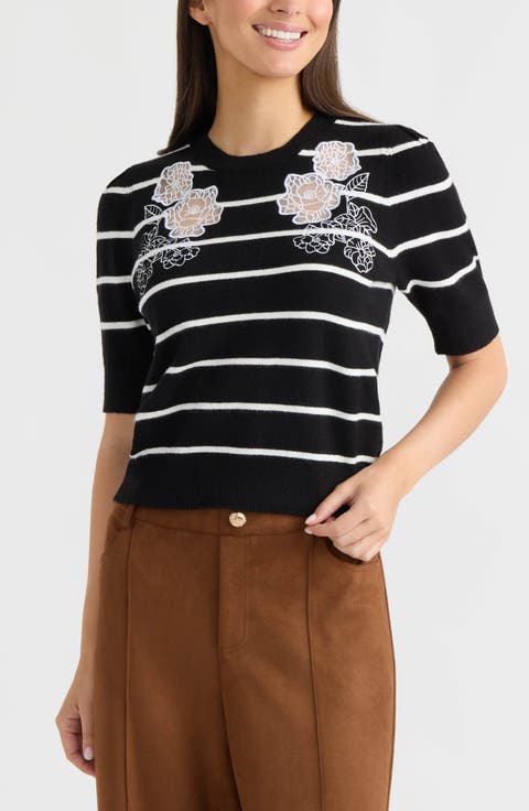 Floral Embroidered Short Sleeve Sweater