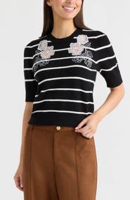 Ellen Tracy Floral Embroidered Short Sleeve Sweater