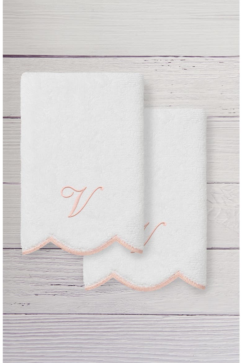 Scallop Set of 2 Monogram Fingertip Towels, Alternate, color, WHITE/ PINK V