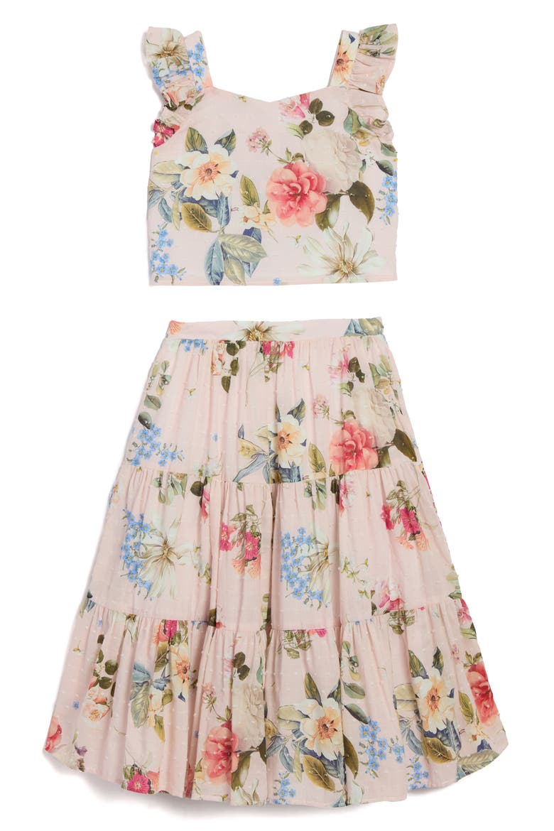 Kids' Floral Clip Dot Crop Cotton Top & Maxi Skirt Set, Main, color, PINK
