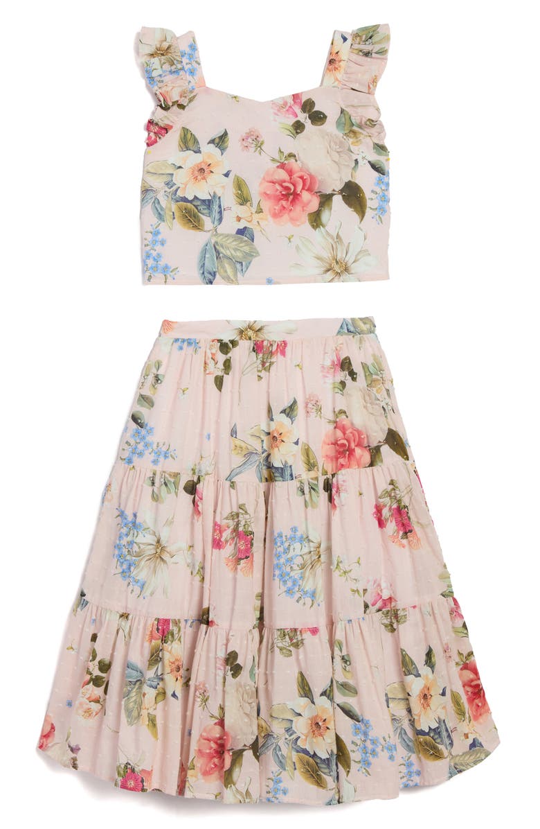 Pippa & Julie Kids' Floral Clip Dot Crop Cotton Top & Maxi Skirt Set, Main, color, Pink