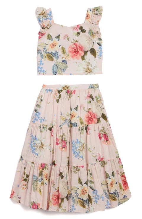 Kids' Floral Clip Dot Crop Cotton Top & Maxi Skirt Set (Little Kid)