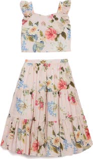 Pippa & Julie Kids' Floral Clip Dot Crop Cotton Top & Maxi Skirt Set