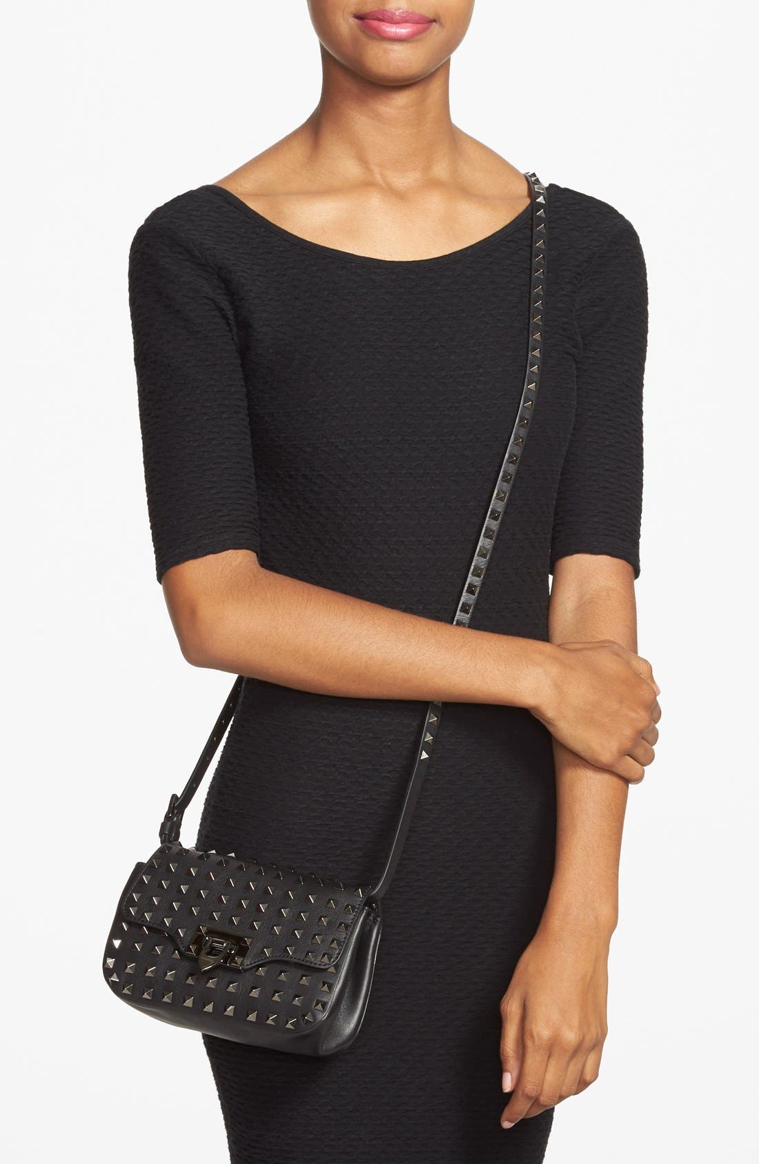 'Noir Rockstud - All Over' Leather Crossbody Bag, Alternate, color, NOIR