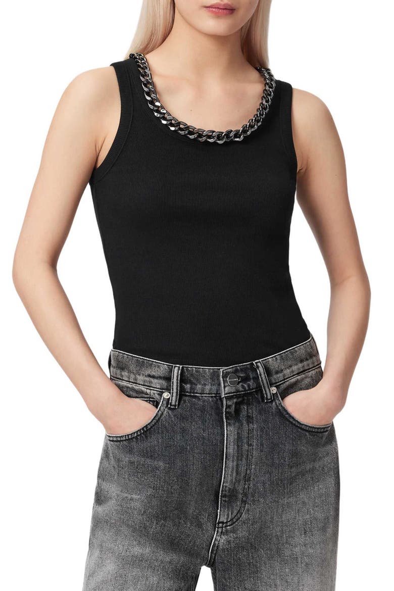 Lucy Chain Embellished Rib Knit Cotton Blend Tank, Main, color, BLACK