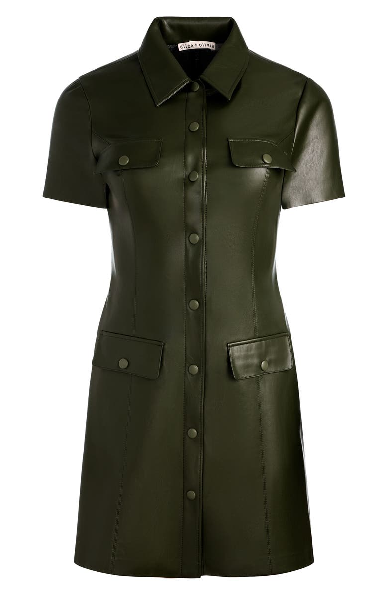 Alice + Olivia Jamie Faux Leather Mini Shirtdress, Alternate, color, Dark Olive
