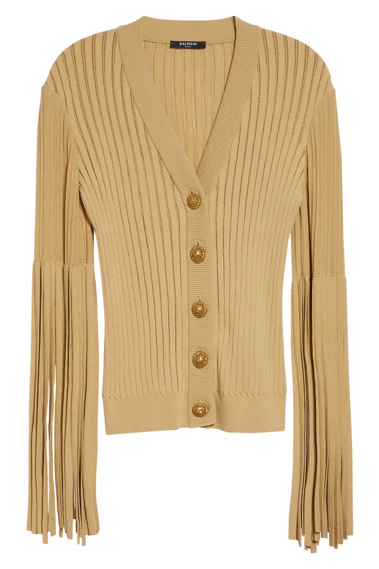 Fringe Sleeves Pointelle Rib Cardigan, Alternate, color, 1GQ YELLOW