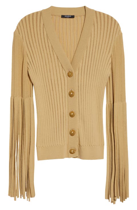 Fringe Sleeves Pointelle Rib Cardigan