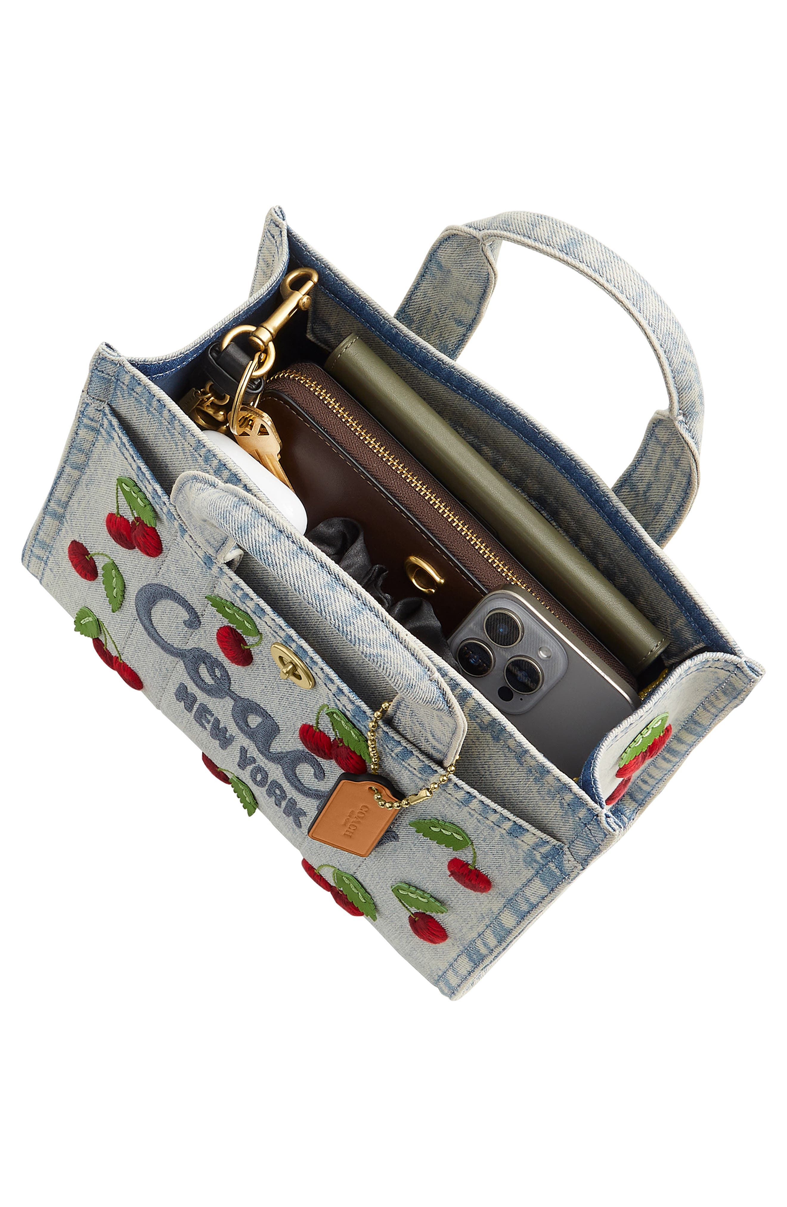 COACH Cherry Embroidery Cargo Denim Tote 26, Alternate, color, Denim Multi
