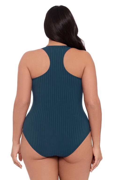 S3 Ribbed High Neck Snap Front One Piece Swimsuit In Dusk Blue
