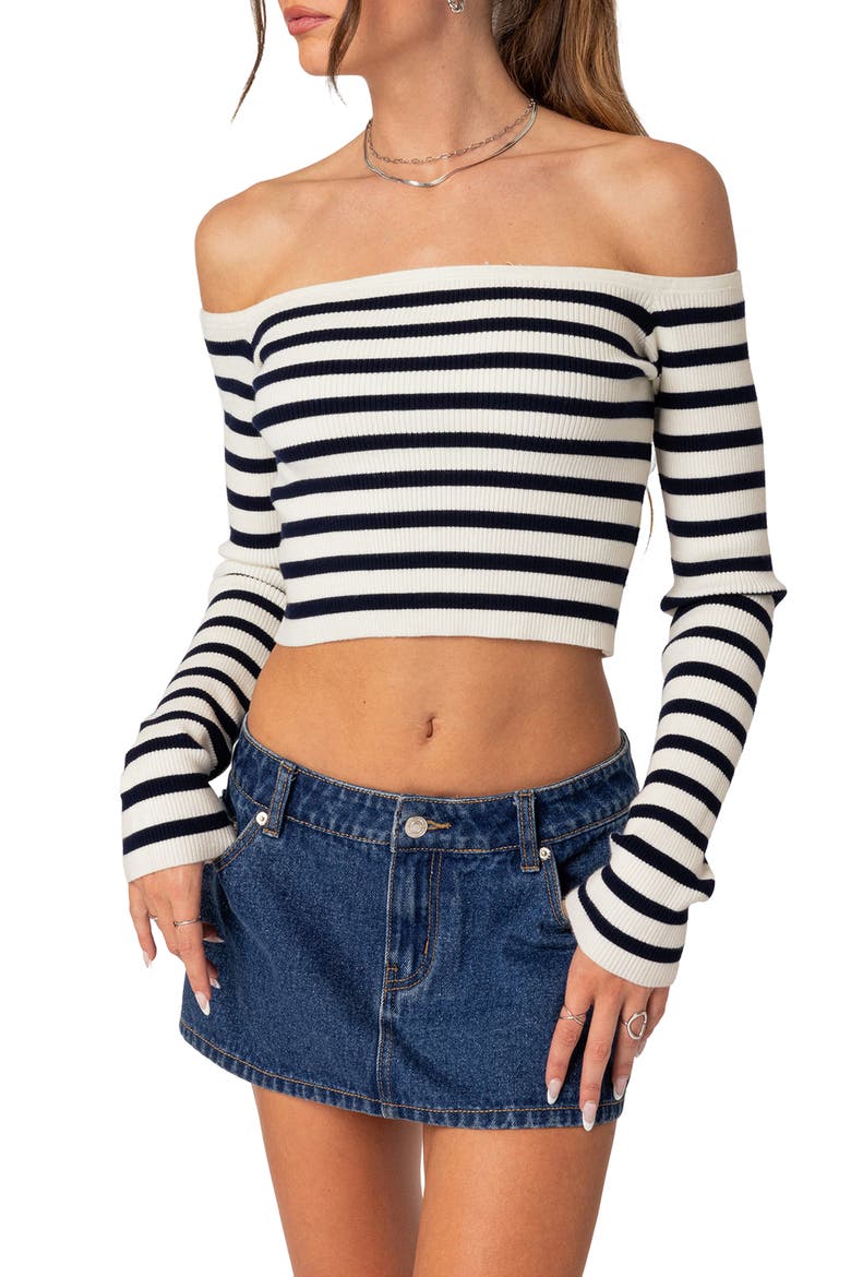 Miranda Stripe Rib Off the Shoulder Long Sleeve Knit Crop Top, Main, color, MIX
