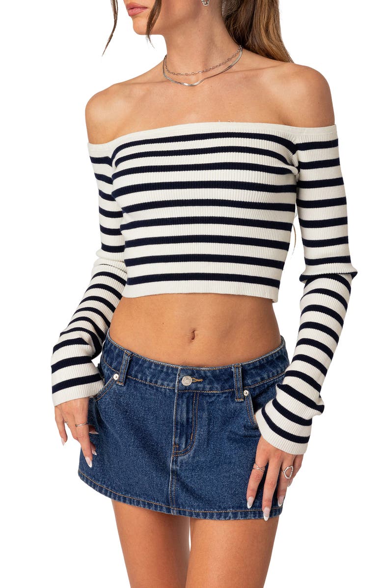 EDIKTED Miranda Stripe Rib Off the Shoulder Long Sleeve Knit Crop Top, Main, color, Mix