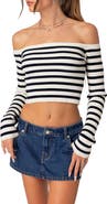EDIKTED Miranda Stripe Rib Off the Shoulder Long Sleeve Knit Crop Top