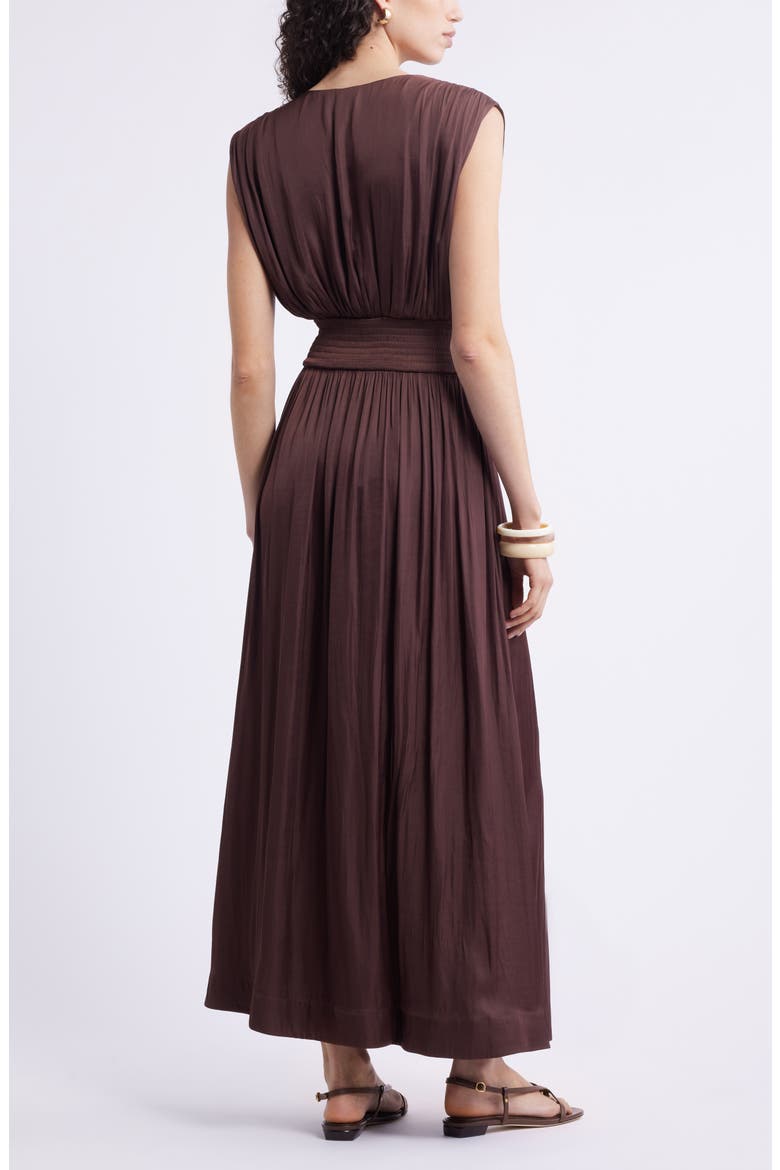 Sleeveless Smocked Satin Maxi Dress, Alternate, color, BROWN MALICACIA