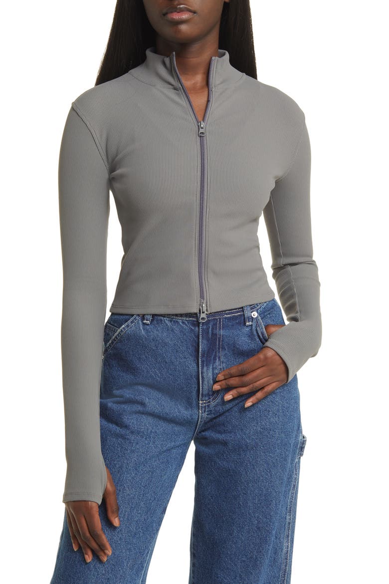 Rib Mock Neck Zip-Up Jacket, Alternate, color, GREY PEARL