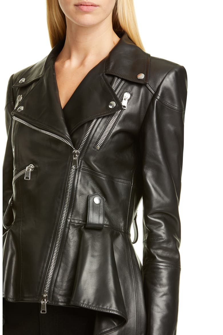 Alexander McQueen Peplum Leather Biker Jacket, Alternate, color, BLACK