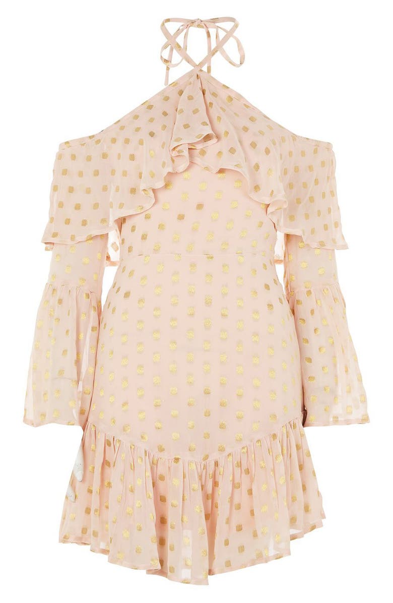 Topshop Golden Spot Cold Shoulder Halter Dress, Alternate, color,