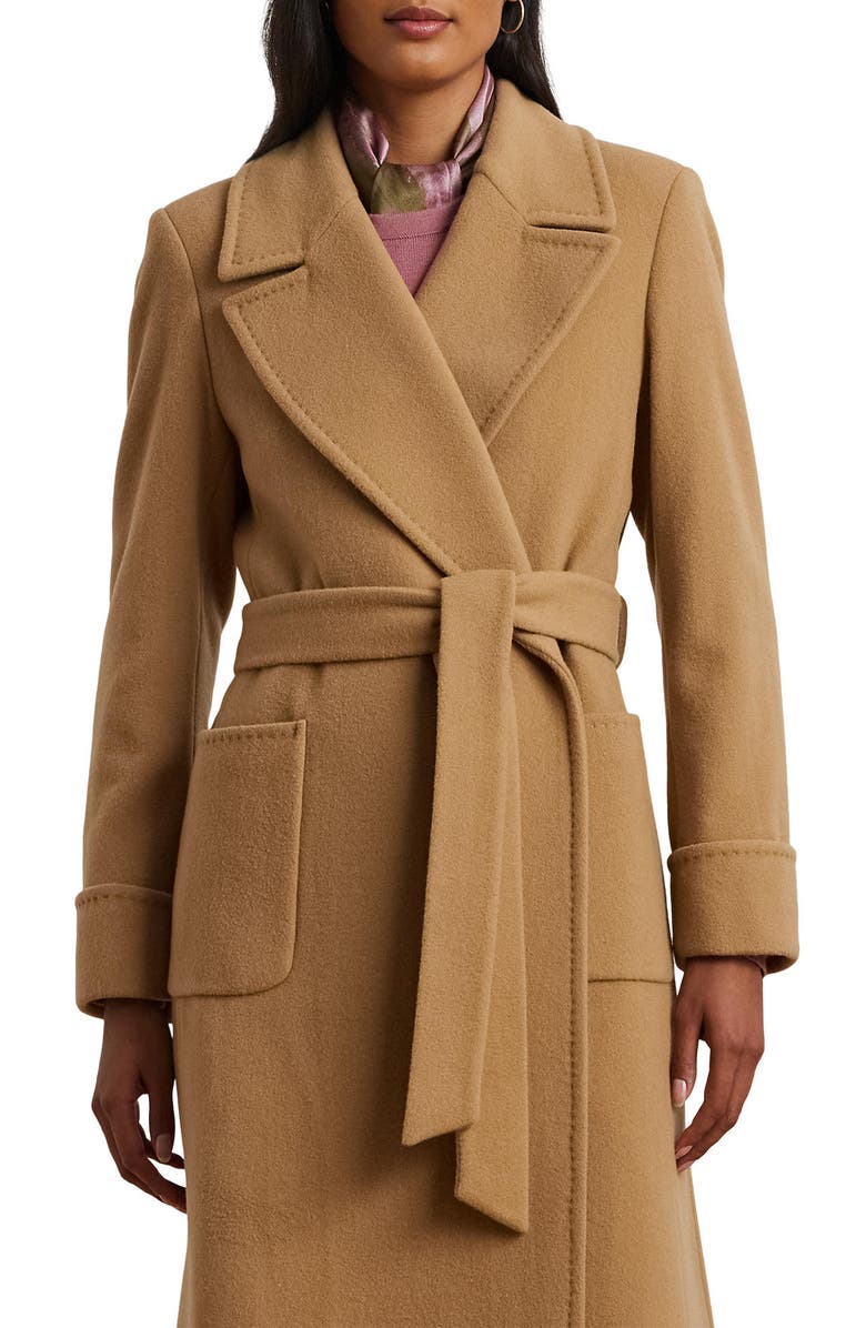 Lauren Ralph Lauren Belted Wool & Cashmere Blend Wrap Coat, Alternate, color, Camel