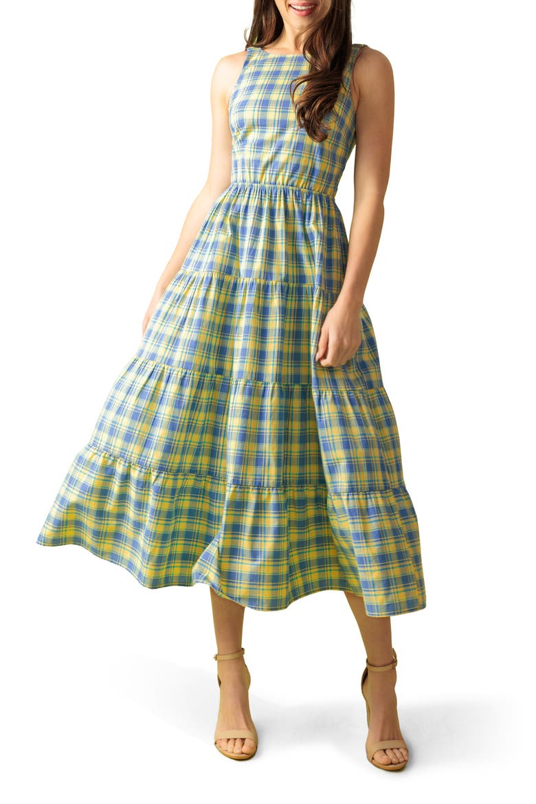 Plaid Tiered Cotton Midi Dress, Main, color, YELLOW BLUE