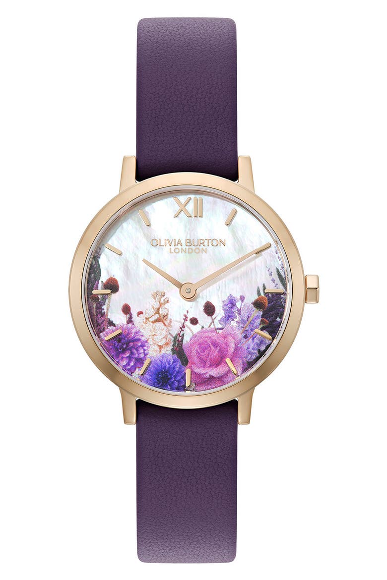 Autumn Floral Leather Strap Watch, 28mm, Main, color, PURPLE