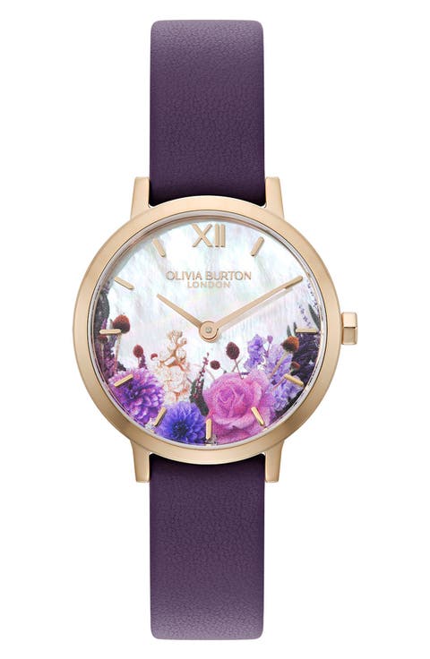 Autumn Floral Leather Strap Watch, 28mm