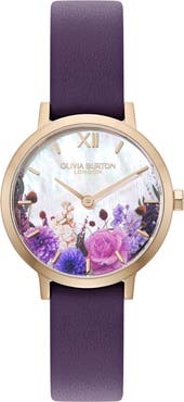 Olivia Burton Autumn Floral Leather Strap Watch, 28mm