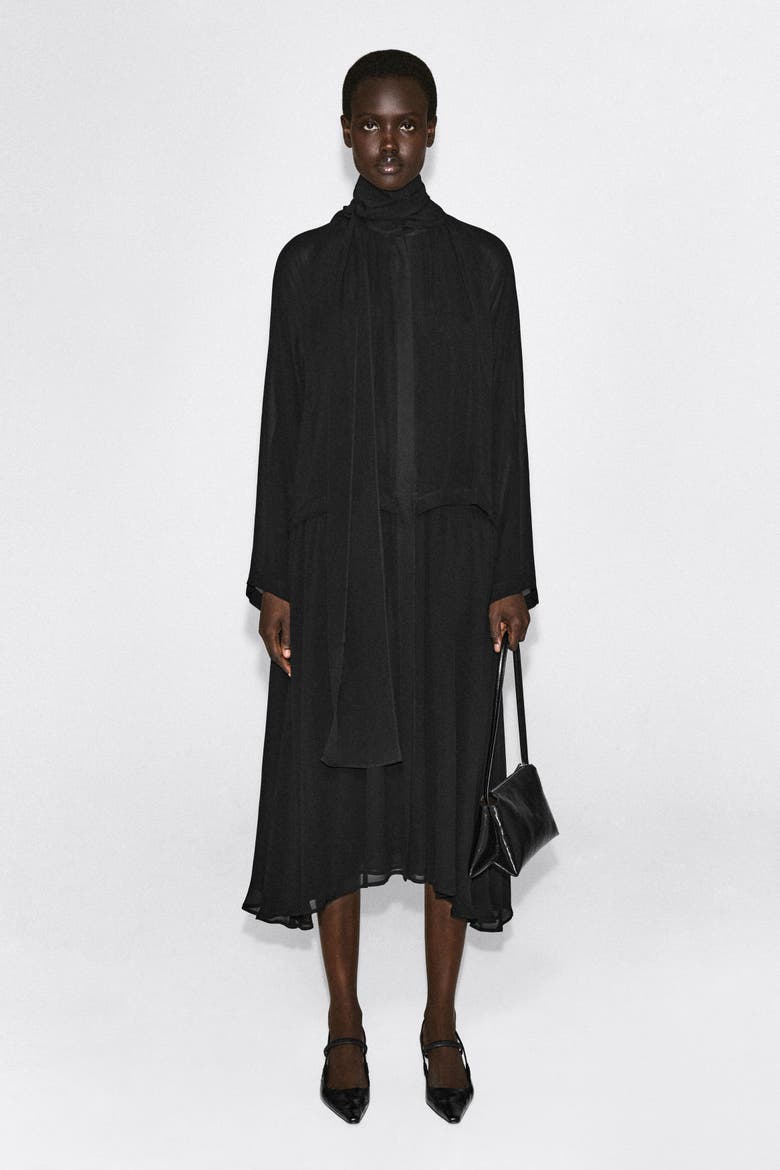 Fluid Scarf-detail Midi Dress, Alternate, color, BLACK