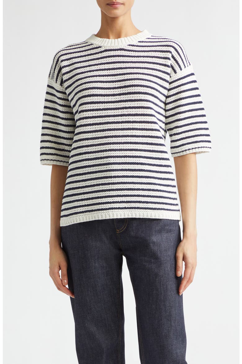 Stripe Cotton Pointelle Sweater, Main, color, 9123 CHALK/ MIDNIGHT