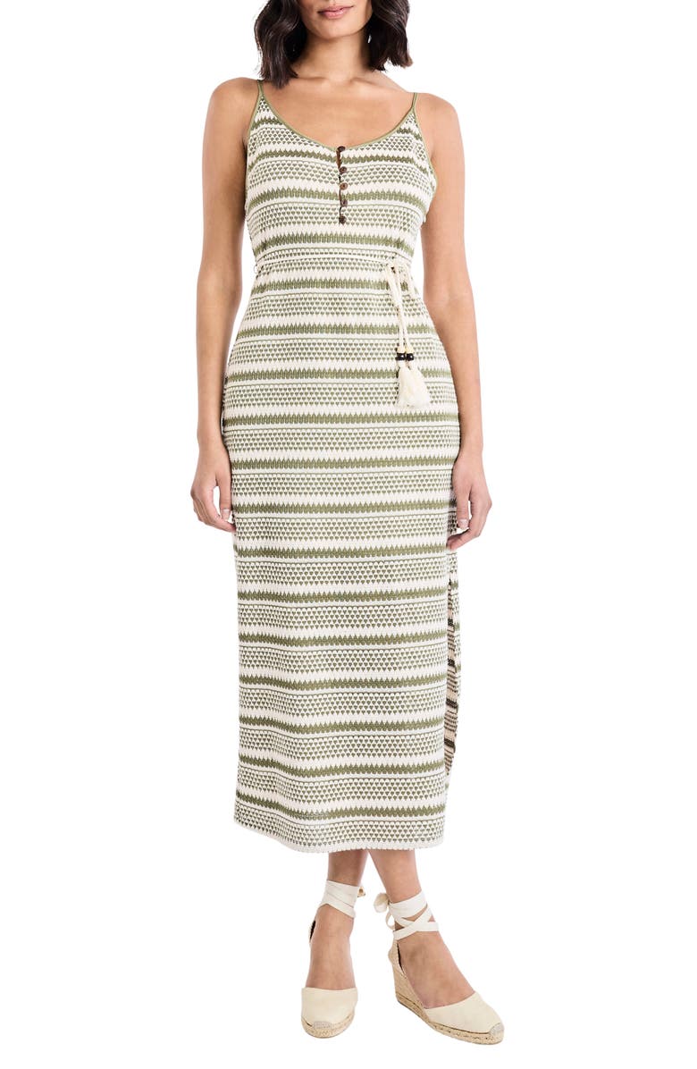 The Good Journey Geometric Stitch Tie Waist Sweater Dress, Main, color, Olive/ Cream