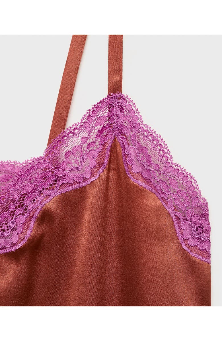 MANGO Lace Trim Stretch Silk Nightgown, Alternate, color, Brown