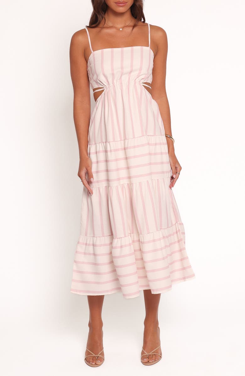 Petal & Pup Evelin Stripe Cutout Midi Dress, Main, color, Pink Stripe
